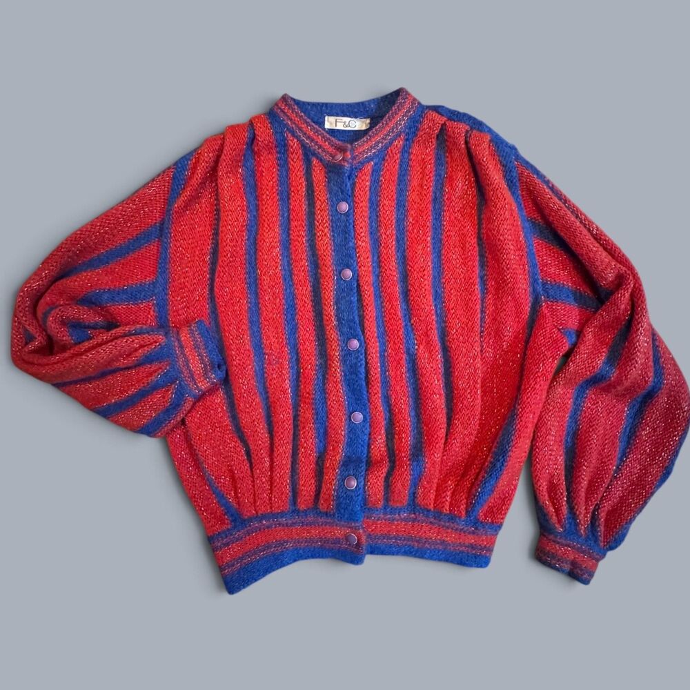 Vintage F&C Striped Metallic Knit Cardigan Sweater Red Blue Lurex Puff Sleeve M